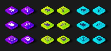 Set Blockchain technology, Bitcoin, Credit card with bitcoin, Magnifying glass and Piggy bank icon. Vector