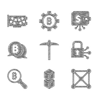 Set Pickaxe, Blockchain technology, Lock with bitcoin, Magnifying glass Bitcoin, Cryptocurrency wallet and Video graphic card icon. Vector
