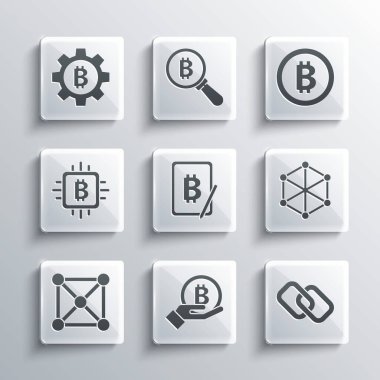 Set Hand holding Bitcoin, Chain link, Blockchain technology, Mining bitcoin from tablet, CPU mining farm, Cryptocurrency and icon. Vector