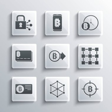 Set Blockchain technology, Bitcoin the target, Credit card with bitcoin, Lock and clock icon. Vector