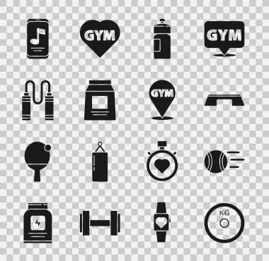 Set Weight plate, Tennis ball, Step platform, Fitness shaker, Sports nutrition, Jump rope, Music player and Location gym icon. Vector