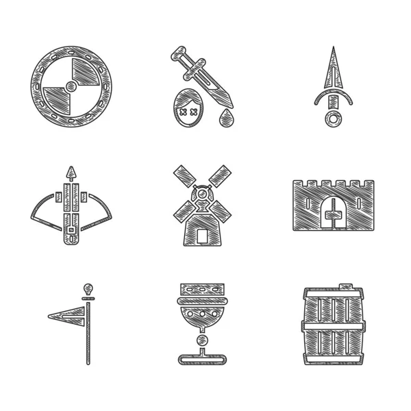 Set Windmühle, mittelalterlicher Kelch, Holzfass, Burgtor, Fahne, Armbrust mit Pfeil, Dolch und rundem Holzschild. Vektor — Stockvektor