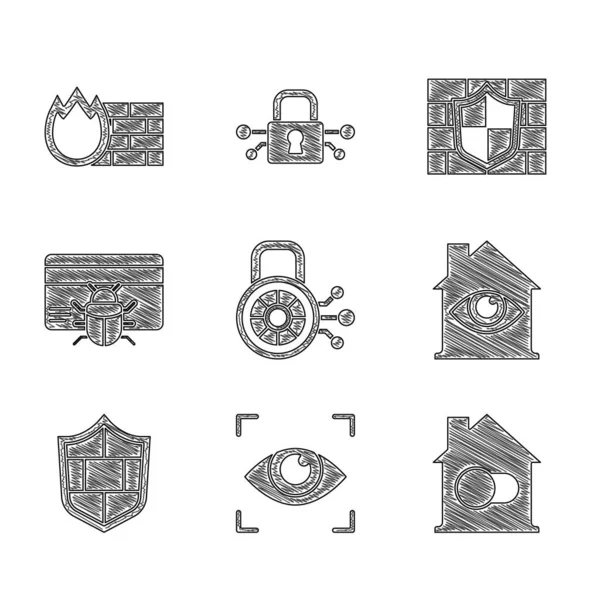 Set Cyber security, Eye scan, Smart home, House with eye, Shield brick wall, System bug in credit card, and Firewall, icon. Vector — Stock vektor