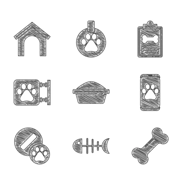 Set Tazón de comida para mascotas, esqueleto de pescado, hueso de perro, clínica veterinaria, píldora, mascota de registro clínico e icono de la casa. Vector — Archivo Imágenes Vectoriales