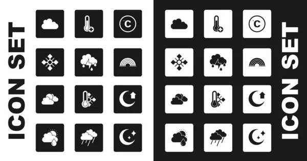 Set Celsius, Cloud with rain and lightning, Snowflake, Rainbow, Meteorology thermometer, Moon and Sun cloud weather icon. Vector — Stock Vector