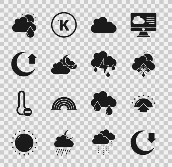 Set Moon, Sunrise, Cloud with snow and sun, moon, rain and lightning icon. Vector — Stock vektor