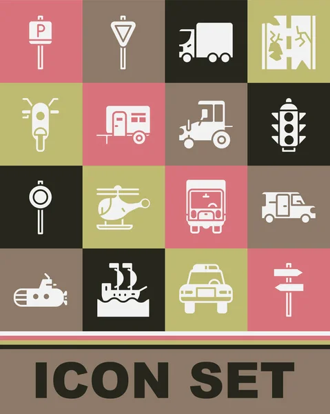 Set Road traffic signpost, Minibus, Traffic light, Delivery cargo truck, Rv Camping trailer, Scooter, Parking and Tractor icon. Vector — ストックベクタ