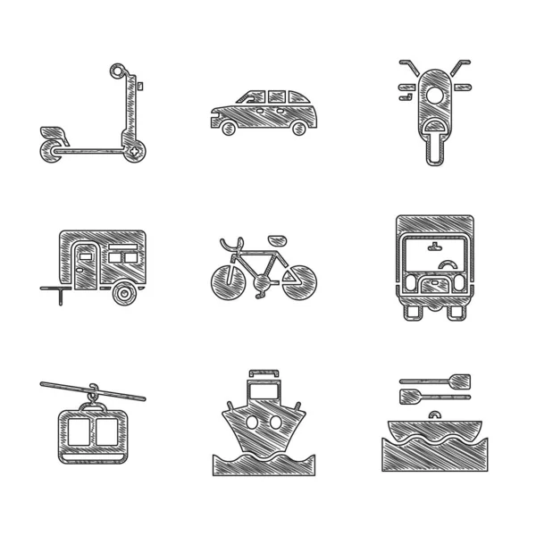 Set Bicycle, Cargo ship, Boat with oars, Delivery cargo truck, Cable, Rv Camping trailer, Scooter and icon. Vector — Stok Vektör