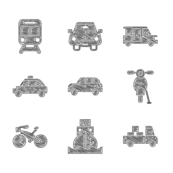 Set Hatchback car, Cargo ship, Delivery truck, Scooter, Bicycle, Taxi, Minibus and Train and railway icon. Vector — Stok Vektör