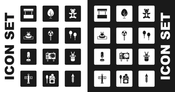 Set Peluche de peluche de peluche, piruleta, fuente, taquilla, globos, árbol, sombrero de mago y conejo e icono. Vector — Archivo Imágenes Vectoriales