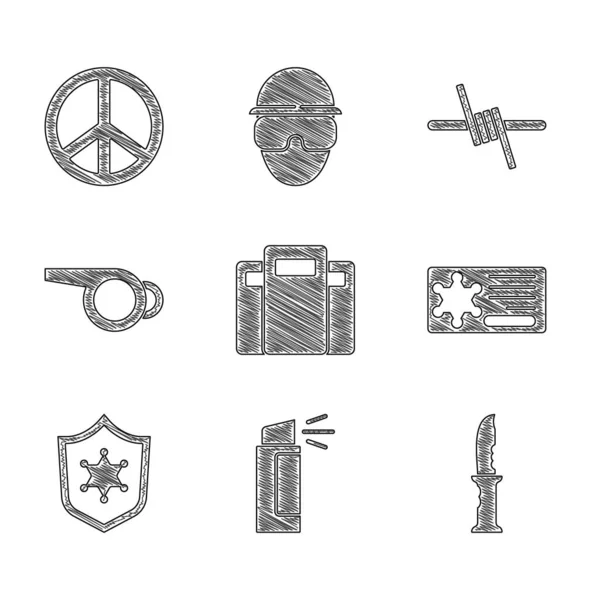 Ustaw tarczę policyjną, gaz pieprzowy, nóż wojskowy, odznakę, gwizdek, drut kolczasty i ikonę pokoju. Wektor — Wektor stockowy