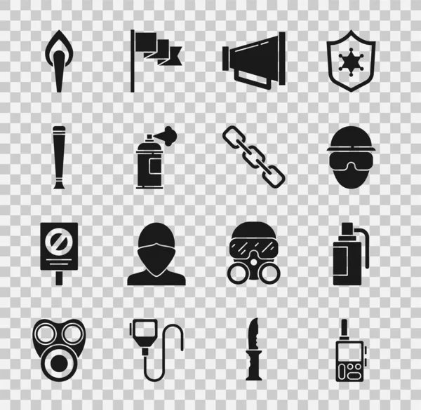 Set Walkie talkie, Hand grenade, Special forces soldier, Megaphone, Paint spray can, Police rubber baton, Torch flame and Chain link icon. Vector — Stock Vector