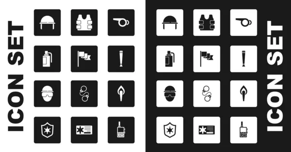 Set Whistle, Location marker, Hand grenade, Military helmet, Police rubber baton, Bulletproof vest, Torch flame and Special forces soldier icon. Vector — Stok Vektör