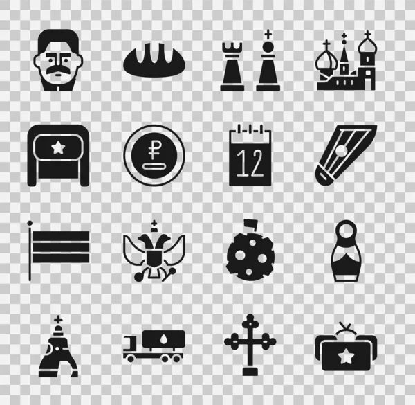 Set Ushanka, Russian doll matryoshka, Kankles, Chess, Rouble, ruble currency, Joseph Stalin and Calendar 12 june icon. Vector — Stock Vector