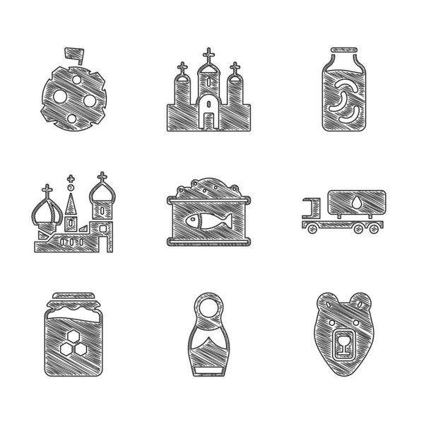 Set lata de estaño con caviar, muñeca rusa matryoshka, cabeza de oso, camión cisterna, tarro de miel, Catedral de San Basilio, tarro de pepinos en escabeche y el icono de la bandera de la luna. Vector — Archivo Imágenes Vectoriales