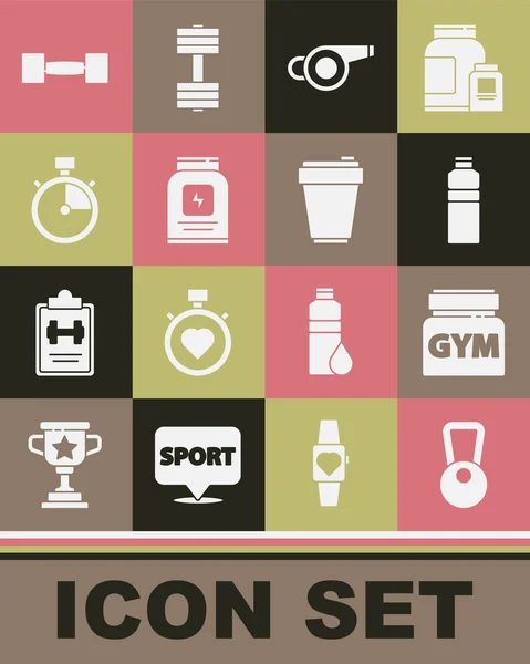 Set Kettlebell, nutrition sportive, Fitness shaker, sifflet, chronomètre, haltère et icône. Vecteur — Image vectorielle