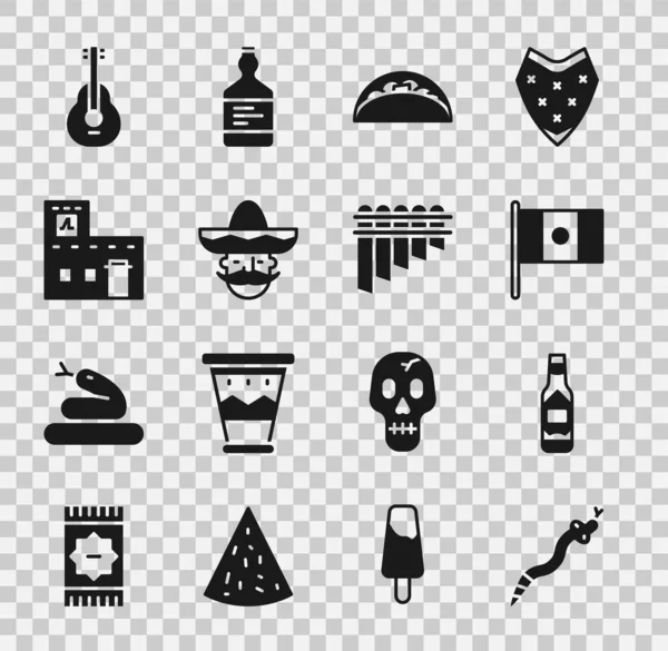 Set Schlange, Tabasco-Sauce, Mexiko-Flagge, Taco mit Tortilla, mexikanischer Sombrero, Haus, Gitarre und Panflöte-Ikone. Vektor — Stockvektor