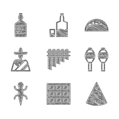 Set Pan flute, Chocolate bar, Nachos, Maracas, Lizard, Mexican man sombrero, Taco with tortilla and Tequila bottle icon. Vector