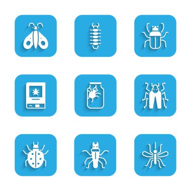 Set Spider in jar, Termite, Mosquito, Beetle bug, Mite, Book about insect, Stink and Butterfly icon. Vector
