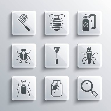 Set Spider in jar, Magnifying glass, Termite, Fly swatter, Beetle bug, Butterfly net and Pressure sprayer icon. Vector