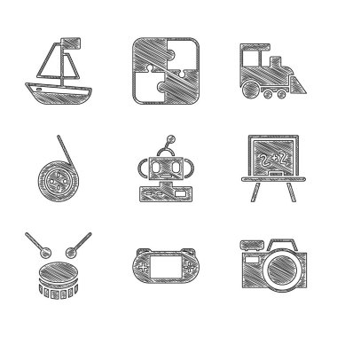 Set Robot toy, Portable video game console, Photo camera, Chalkboard, Drum with drum sticks, Yoyo, Toy train and boat icon. Vector