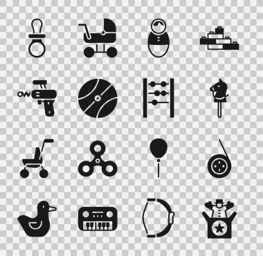 Set Jack in the box toy, Yoyo, Toy horse, Tumbler doll, Basketball ball, Ray gun, Baby dummy pacifier and Abacus icon. Vector
