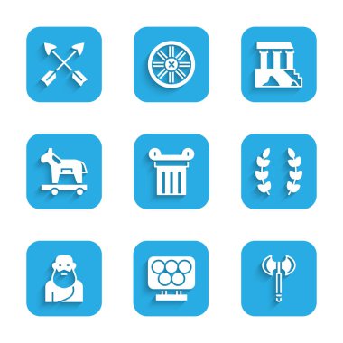 Set Ancient column, Olympic rings, Medieval axe, Laurel wreath, Socrates, Trojan horse, Parthenon and Crossed arrows icon. Vector