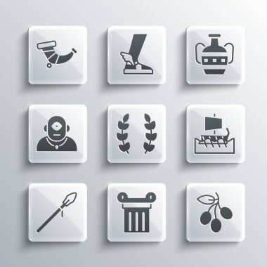 Set Ancient column, Olives branch, Greek trireme, Laurel wreath, Medieval spear, Cyclops, Hunting horn and amphorae icon. Vector