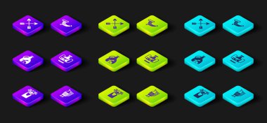 Set Medusa Gorgon, Ancient amphorae, Bottle of olive oil, Broken, Hunting horn and Crossed arrows icon. Vector