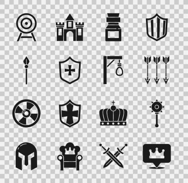 Set Location king crown, Medieval chained mace ball, Crossed arrows, Poison bottle, Shield, spear, Target with and Gallows icon. Vector