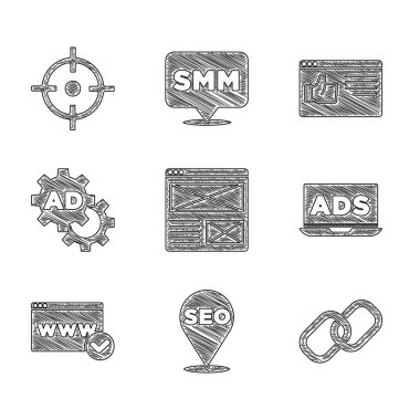 Set Browser window, SEO optimization, Chain link, Advertising, Website template, and Target sport icon. Vector