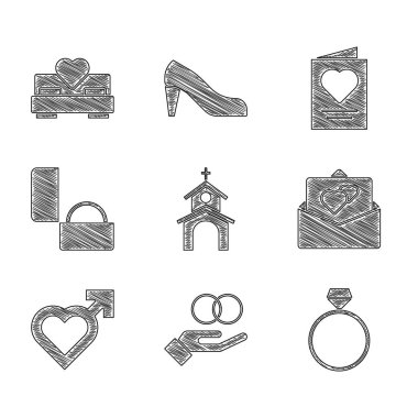 Set Church building, Wedding rings, Diamond engagement, Greeting card, Heart with male gender, and Bedroom icon. Vector