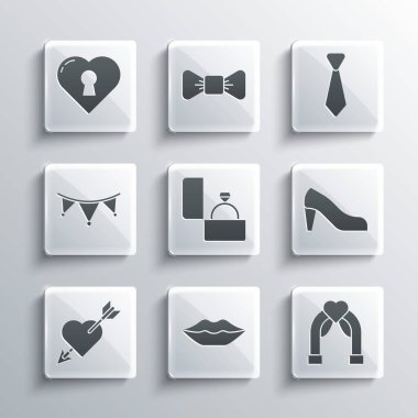 Set Smiling lips, Wedding arch, Woman shoe, Diamond engagement ring, Amour with heart and arrow, Carnival garland flags, Heart keyhole and Tie icon. Vector