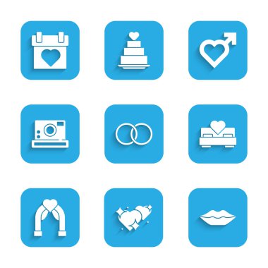 Set Wedding rings, Two Linked Hearts, Smiling lips, Bedroom, arch, Photo camera, with male gender and Calendar icon. Vector