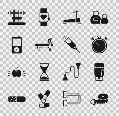 Set Tape measure, Boxing glove, Stopwatch, Treadmill machine, Bench with barbel, Music player, and Doping syringe icon. Vector