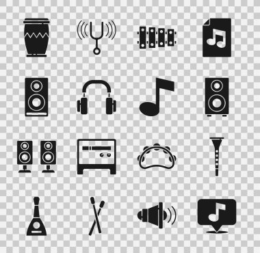 Set Musical note, Clarinet, Stereo speaker, Xylophone, Headphones, Drum and tone icon. Vector