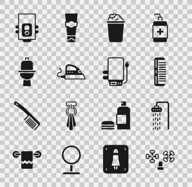 Set Water tap, Shower, Hairbrush, Bucket with soap suds, Electric iron, Toilet bowl, Gas boiler and icon. Vector