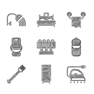 Set Signboard with text Hotel, Refrigerator, Electric iron, Trash can, Fork, Toilet bowl, paper roll and Shower head icon. Vector