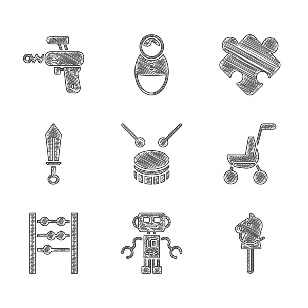 Set tambor con palos de tambor, juguete robot, caballo de juguete, cochecito de bebé, ábaco, espada, piezas de rompecabezas e icono de pistola de rayos. Vector — Archivo Imágenes Vectoriales