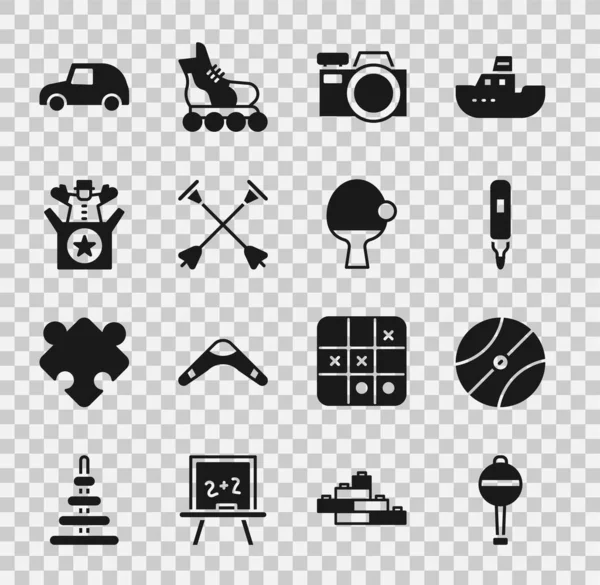 Set Rattle baby toy, Basketball ball, Marker pen, Photo camera, Arrow with sucker tip, Jack in the box, Toy car and Racket and icon. Vector — Stock vektor