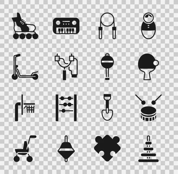 Set Pyramid toy, Drum with drum sticks, Racket and ball, Jump rope, Slingshot, Scooter, Roller skate and Rattle baby icon. Vector — Stock vektor