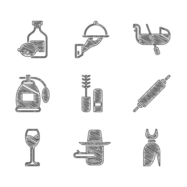 Set Mascara brush, Pinocchio, Woman dress, Rolling pin, Wine glass, Perfume, Gondola and Limoncello bottle icon. Vector — Stock Vector