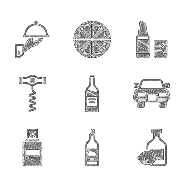 포도주, 올리브유, 리모르 넬로 병, 자동차, 향수, 와인 코르크 따개, 립스틱, 트레이 푸드 아이콘으로 덮여 있다. Vector — 스톡 벡터