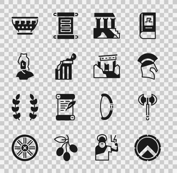 Set Greek shield, Medieval axe, helmet, Parthenon, Broken ancient column, Ancient bust sculpture, bowl and ruins icon. Vector — Stok Vektör