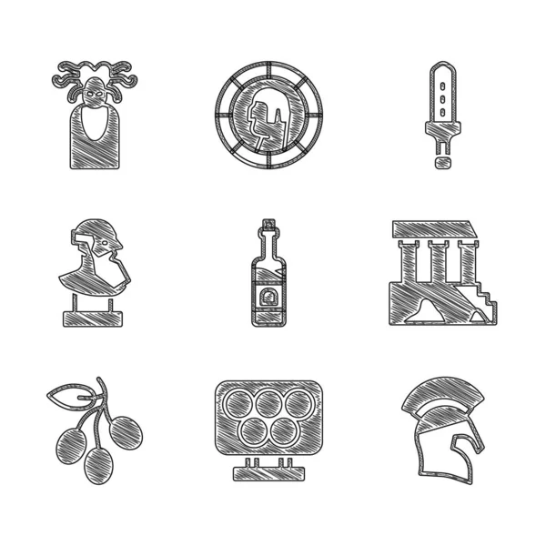 Set Weinflasche, olympische Ringe, griechischer Helm, Parthenon, Olivenzweig, antike Büstenskulptur, mittelalterliches Schwert und Medusa Gorgon Ikone. Vektor — Stockvektor