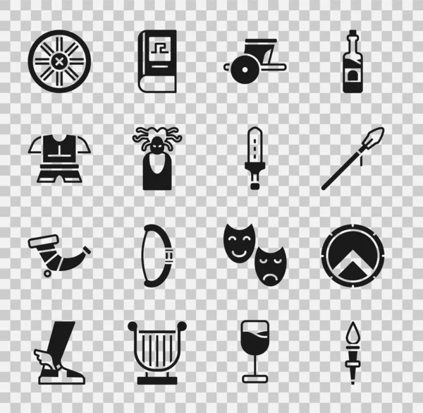 Set Torch flame, Greek shield, Medieval spear, Ancient chariot, Medusa Gorgon, Body armor, Old wooden wheel and sword icon. Vector — Διανυσματικό Αρχείο