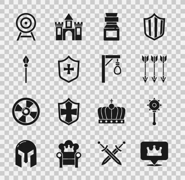 Set Location king crown, Medieval chained mace ball, Crossed arrows, Poison bottle, Shield, spear, Target with and Gallows icon. Vector