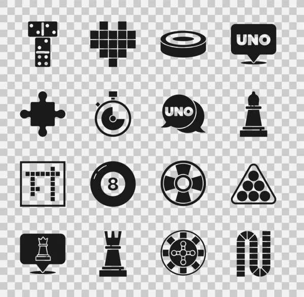 Set Brettspiele, Billardkugeln im Dreieck, Schach, Checkerchips, Stoppuhr, Puzzleteile Spielzeug, Domino- und Uno-Karten-Symbol. Vektor — Stockvektor