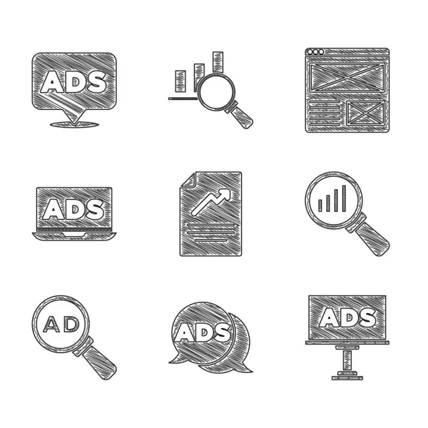 Set Document with graph chart, Advertising, Magnifying glass and analysis, Browser window and icon. Vector — Διανυσματικό Αρχείο