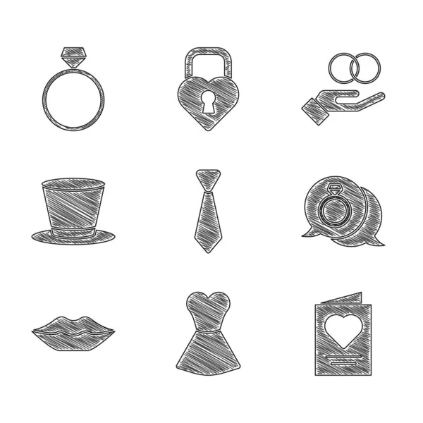 Set Tie, Woman dress, Greeting card, Diamond engagement ring, Smiling lips, Cylinder hat, Wedding rings and icon. Vector — 스톡 벡터